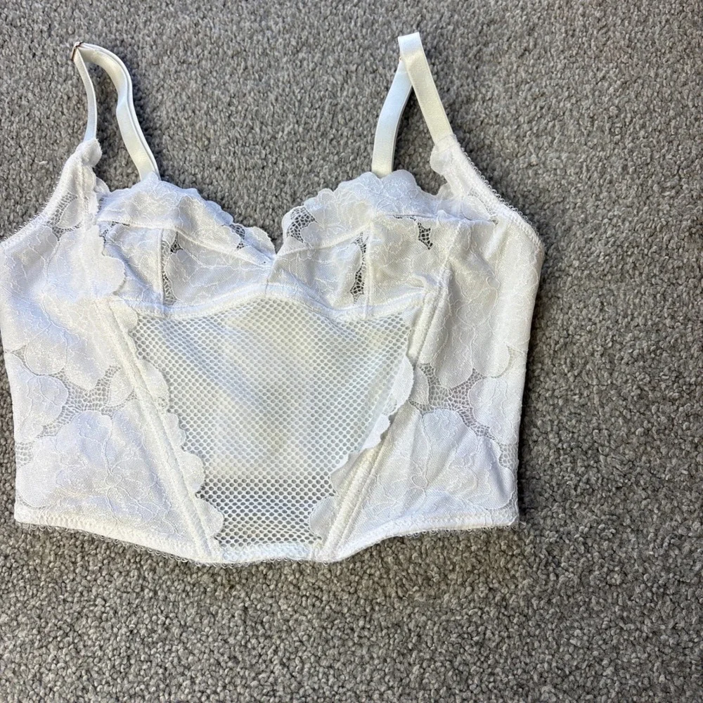 Savage X Fenty corset top womens small White Floral Lace Mesh Longline Bralette - Picture 2 of 14